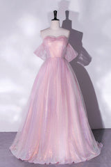 Homecomming Dress Black, Pink Sequins Long A-Line Prom Dress, Off the Shoulder Evening Party Dress