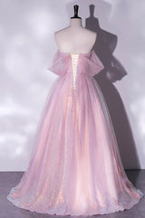 Homecomeing Dresses Black, Pink Sequins Long A-Line Prom Dress, Off the Shoulder Evening Party Dress