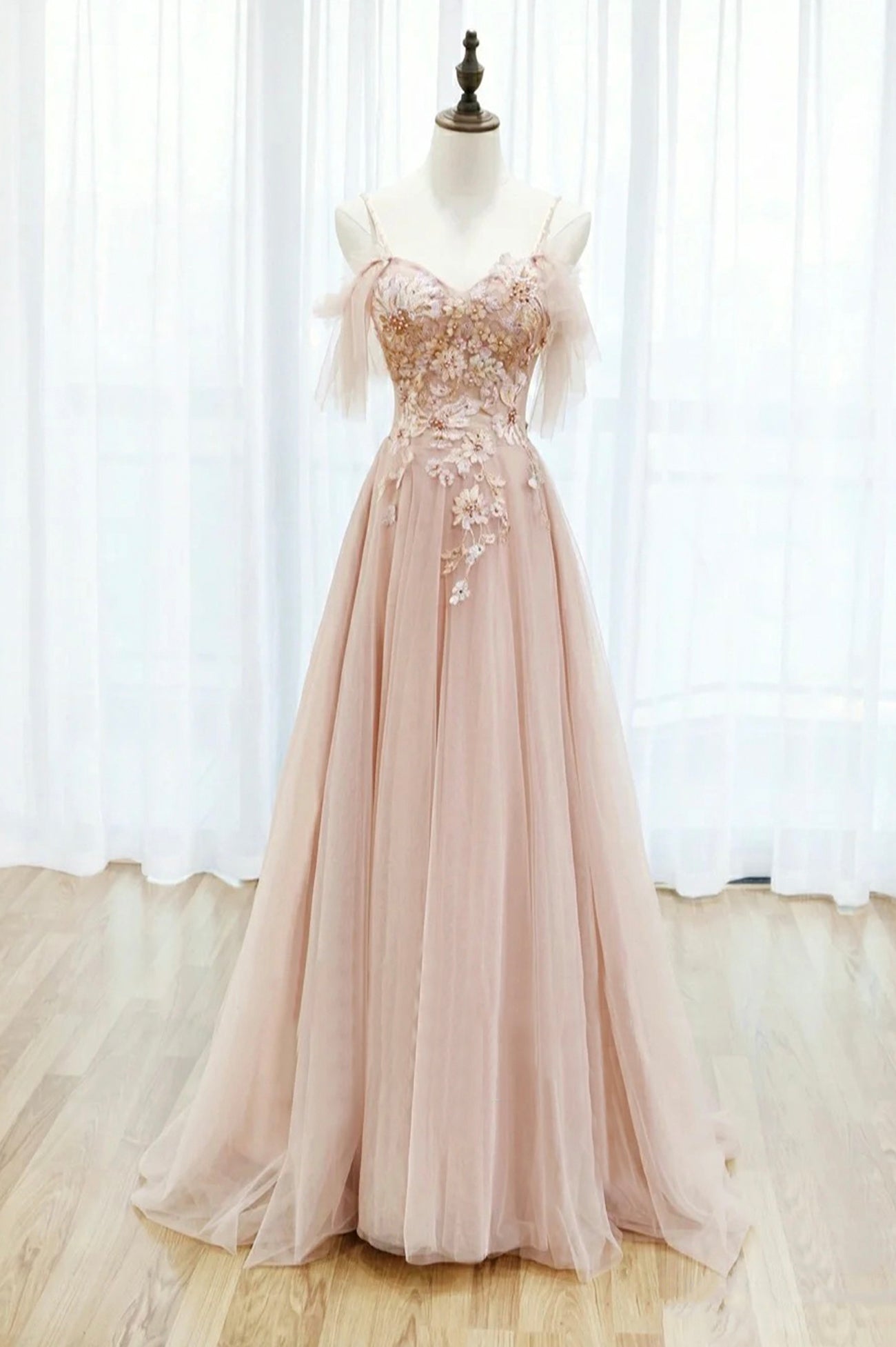 Prom Dress Emerald Green, Pink Spaghetti Straps Lace Long Prom Dress, A-Line Evening Graduation Dress