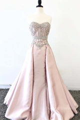 Prom Dresses Curvy, pink sweetheart neck beads long prom dress, pink evening dress