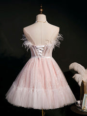 Formal Dress Wedding, Pink Sweetheart Neck Tulle Lace Short Prom Dress, Puffy Pink Homecoming Dress