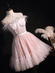 Formal Dress Websites, Pink Sweetheart Neck Tulle Lace Short Prom Dress, Puffy Pink Homecoming Dress