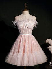 Formal Dress Idea, Pink Sweetheart Neck Tulle Lace Short Prom Dress, Puffy Pink Homecoming Dress