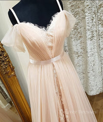 Engagement Dress, Pink sweetheart neck tulle long prom dress, pink evening dress