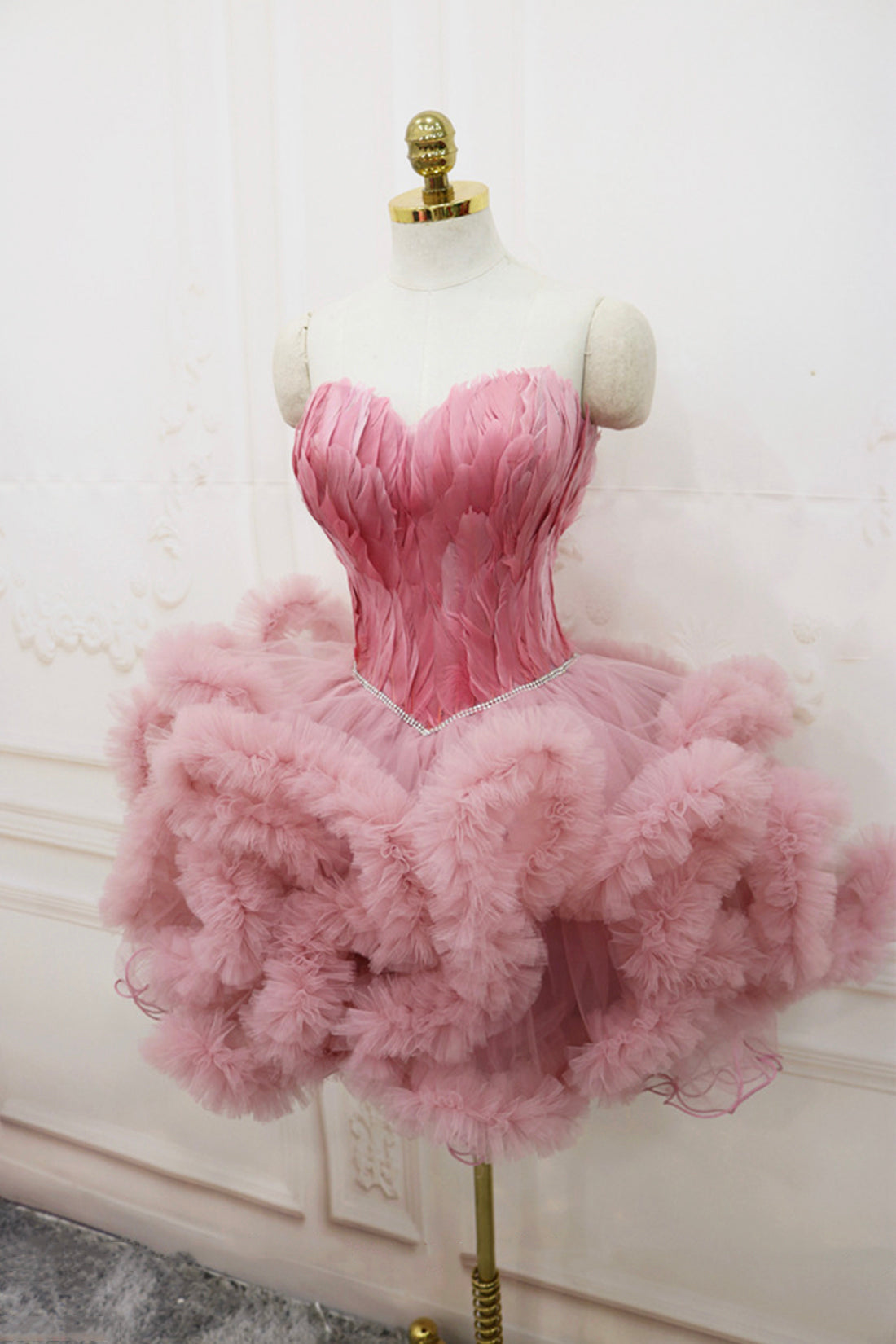 Formal Dresses And Evening Gowns, Pink Sweetheart Neck Tulle Party Dress, A Line Short Prom Dress with Feather