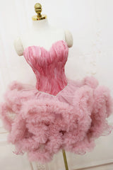 Formal Dresses Graduation, Pink Sweetheart Neck Tulle Party Dress, A Line Short Prom Dress with Feather