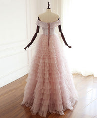 Bridesmaides Dresses Blue, Pink Sweetheart Off Shoulder Tulle Long Prom Dress Pink Evening Dress