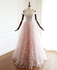 Bridesmaids Dresses With Sleeves, Pink Sweetheart Off Shoulder Tulle Long Prom Dress Pink Evening Dress