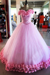 Bridesmaid Dresses White, Pink tulle 3d flower tulle long prom gown, pink tulle evening dress