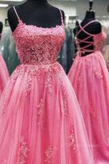 Formal Dresses For Teens, Pink Tulle Backless Lace Floral Long Prom Dress, Pink Lace Formal Dress, Pink Evening Dress