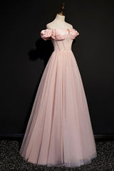 Bridesmaid Dress White, Pink Tulle Beaded Long A-Line Prom Dress, Pink Off the Shoulder Evening Dress