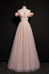 Bridesmaid Dresses With Lace, Pink Tulle Beaded Long A-Line Prom Dress, Pink Off the Shoulder Evening Dress