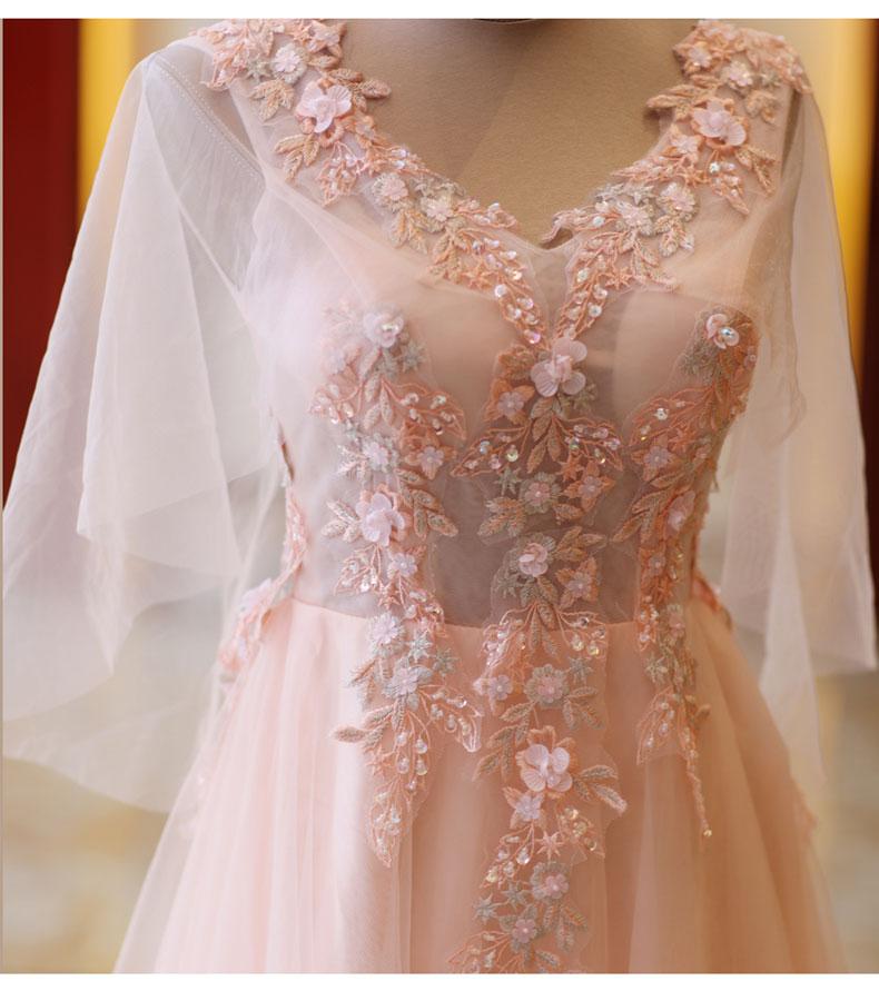 Beach Wedding Guest Dress, Pink Tulle Floral Applique Prom Dresses, Puff Sleeves Long Formal Dress