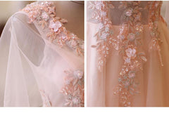 Indian Wedding Dress, Pink Tulle Floral Applique Prom Dresses, Puff Sleeves Long Formal Dress