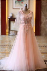 Wedding Pictures Ideas, Pink Tulle Floral Applique Prom Dresses, Puff Sleeves Long Formal Dress