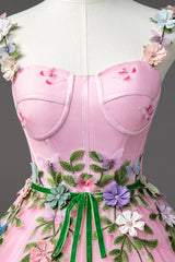 Formal Dresses Fashion, Pink Tulle Flower Long Prom Dresses, Cute Spaghetti Sweet 16 Dresses