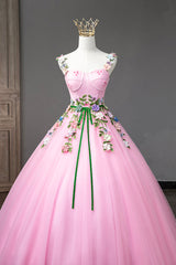 Formal Dress Fashion, Pink Tulle Flower Long Prom Dresses, Cute Spaghetti Sweet 16 Dresses