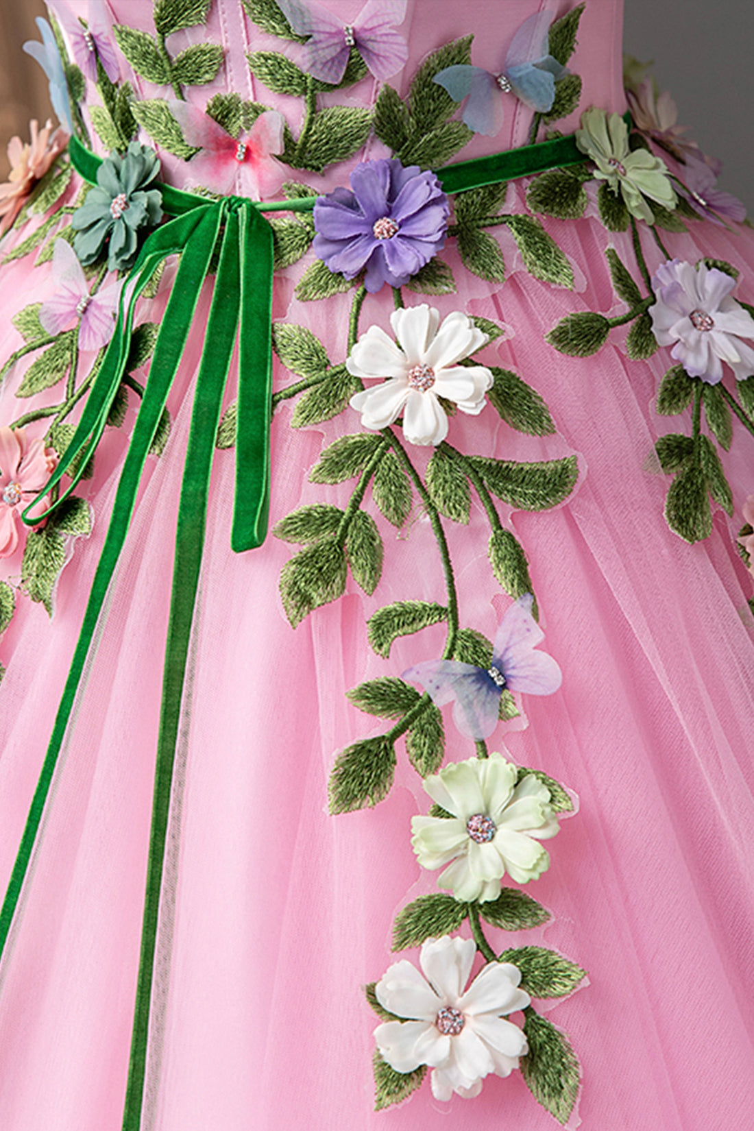 Formal Dress Elegant, Pink Tulle Flower Long Prom Dresses, Cute Spaghetti Sweet 16 Dresses