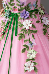 Formal Dress Elegant, Pink Tulle Flower Long Prom Dresses, Cute Spaghetti Sweet 16 Dresses