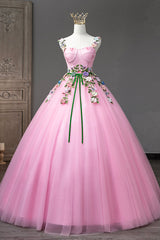 Formal Dress Gowns, Pink Tulle Flower Long Prom Dresses, Cute Spaghetti Sweet 16 Dresses