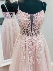 Prom Dresses Brand, Pink tulle lace A line long prom dress, pink lace evening dress