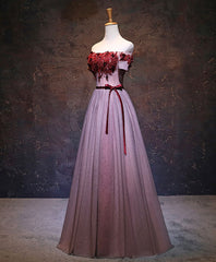 Prom Dress Type, Pink Tulle Lace Applique Long Prom Dress, Burgundy Lace Evening Dress