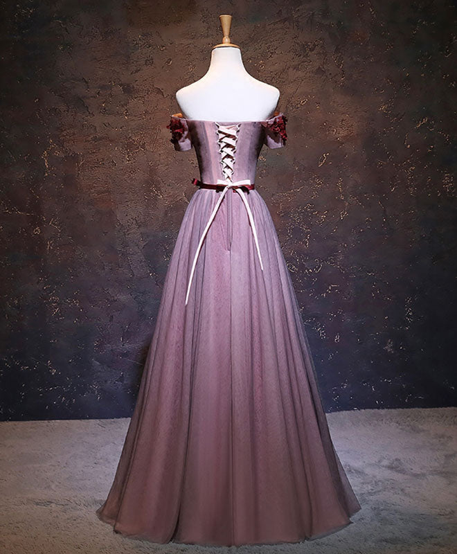 Prom Dress Aesthetic, Pink Tulle Lace Applique Long Prom Dress, Burgundy Lace Evening Dress