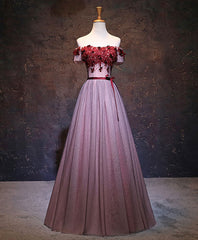 Prom Dress Classy, Pink Tulle Lace Applique Long Prom Dress, Burgundy Lace Evening Dress