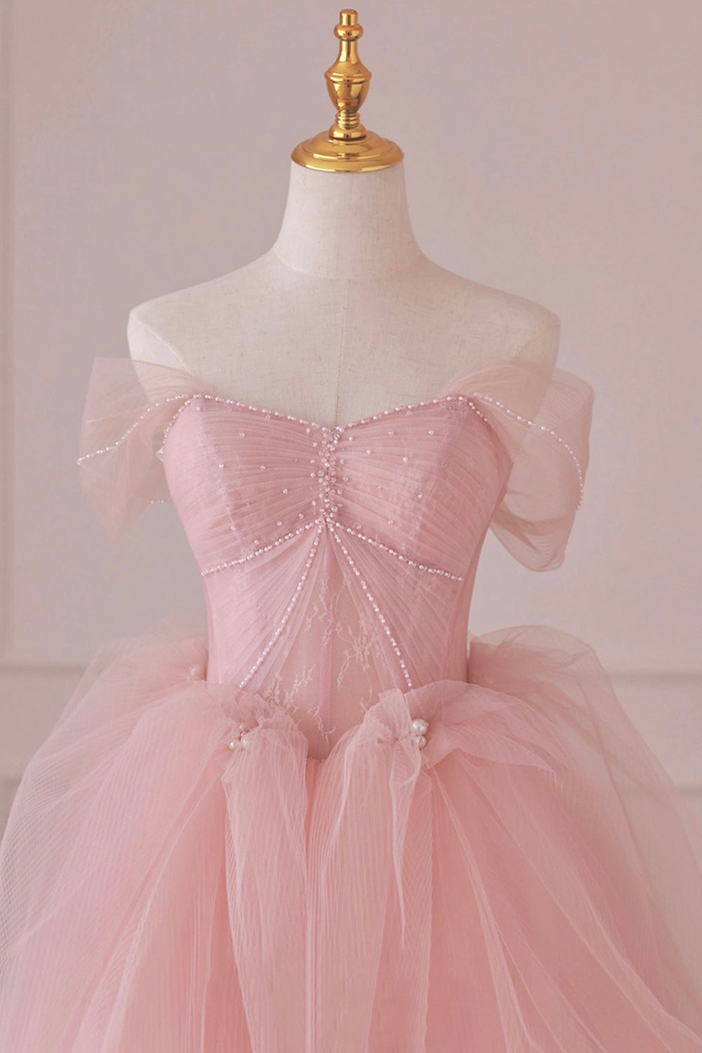 Ruffle Dress, Pink Tulle Lace Long Formal Dress, A-Line Off Shoulder Pink Prom Dress