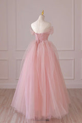 Long Gown, Pink Tulle Lace Long Formal Dress, A-Line Off Shoulder Pink Prom Dress