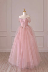 Light Blue Dress, Pink Tulle Lace Long Formal Dress, A-Line Off Shoulder Pink Prom Dress