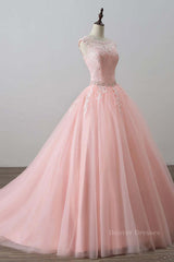 Prom Dress Two Piece, Pink tulle lace long prom dress, pink tulle evening dress