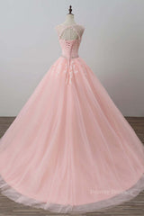 Prom Dresse Two Piece, Pink tulle lace long prom dress, pink tulle evening dress