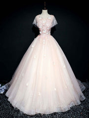 Evening Dress Designers, Pink tulle lace long prom dress, pink tulle lace evening dress
