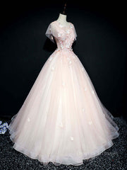 Evening Dress Designs, Pink tulle lace long prom dress, pink tulle lace evening dress