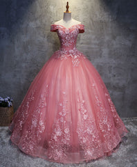 Bridesmaid Dress Tulle, Pink Tulle Lace Off Shoulder Long Prom Dress Pink Tulle Evening Dress