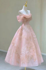 Gold Dress, Pink Tulle Lace Short A-Line Prom Dress, Cute Off the Shoulder Party Dress