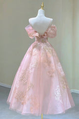 Grad Dress, Pink Tulle Lace Short A-Line Prom Dress, Cute Off the Shoulder Party Dress