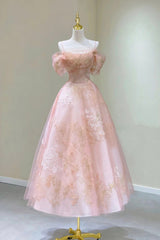 Unique Prom Dress, Pink Tulle Lace Short A-Line Prom Dress, Cute Off the Shoulder Party Dress