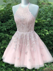 Evening Dress Gown, Pink tulle lace short prom dress, pink tulle lace homecoming dress