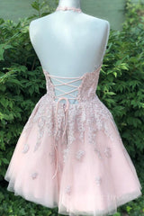 Evening Dress Gowns, Pink tulle lace short prom dress, pink tulle lace homecoming dress