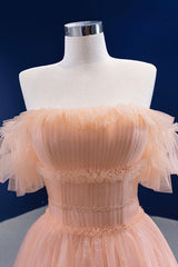 Evening Dress Shopping, Pink Tulle Lace Strapless Prom Dress,  Pink A-Line Evening Party Dress