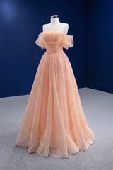 Evening Dress Shops, Pink Tulle Lace Strapless Prom Dress,  Pink A-Line Evening Party Dress