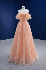 Evening Dress Yde, Pink Tulle Lace Strapless Prom Dress,  Pink A-Line Evening Party Dress