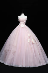 Prom Dress Light Blue, Pink Tulle Long A-Line Ball Gown, Pink Strapless Princess Sweet 16 Dress