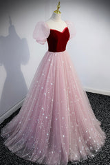Bridesmaids Dresses Cheap, Pink Tulle Long A-Line Prom Dress, Lovely Short Sleeve Evening Party Dress