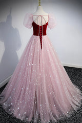 Bridesmaids Dress Cheap, Pink Tulle Long A-Line Prom Dress, Lovely Short Sleeve Evening Party Dress