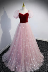 Bridesmaids Dress Affordable, Pink Tulle Long A-Line Prom Dress, Lovely Short Sleeve Evening Party Dress
