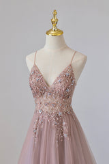 Formal Dress Shop, Pink Tulle Long A-Line Prom Dress, Pink Spaghetti Formal Dress with Beaded