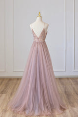 Formal Dress Shops, Pink Tulle Long A-Line Prom Dress, Pink Spaghetti Formal Dress with Beaded
